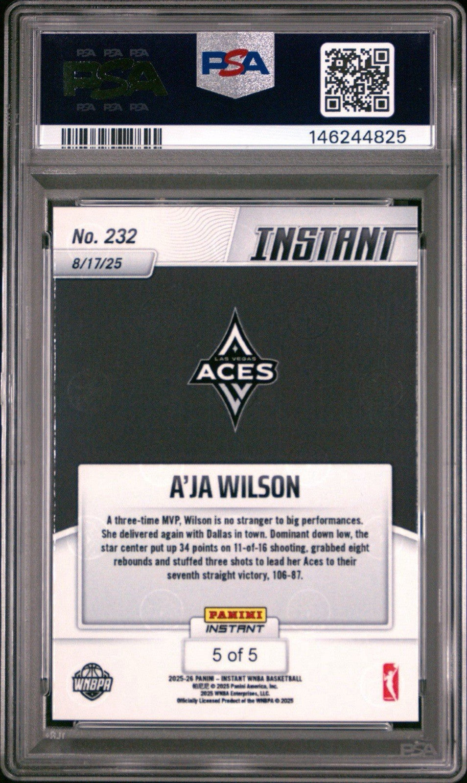 2025 Panini Instant WNBA A’Ja Wilson #232 Lightning /5 PSA 9 Mint