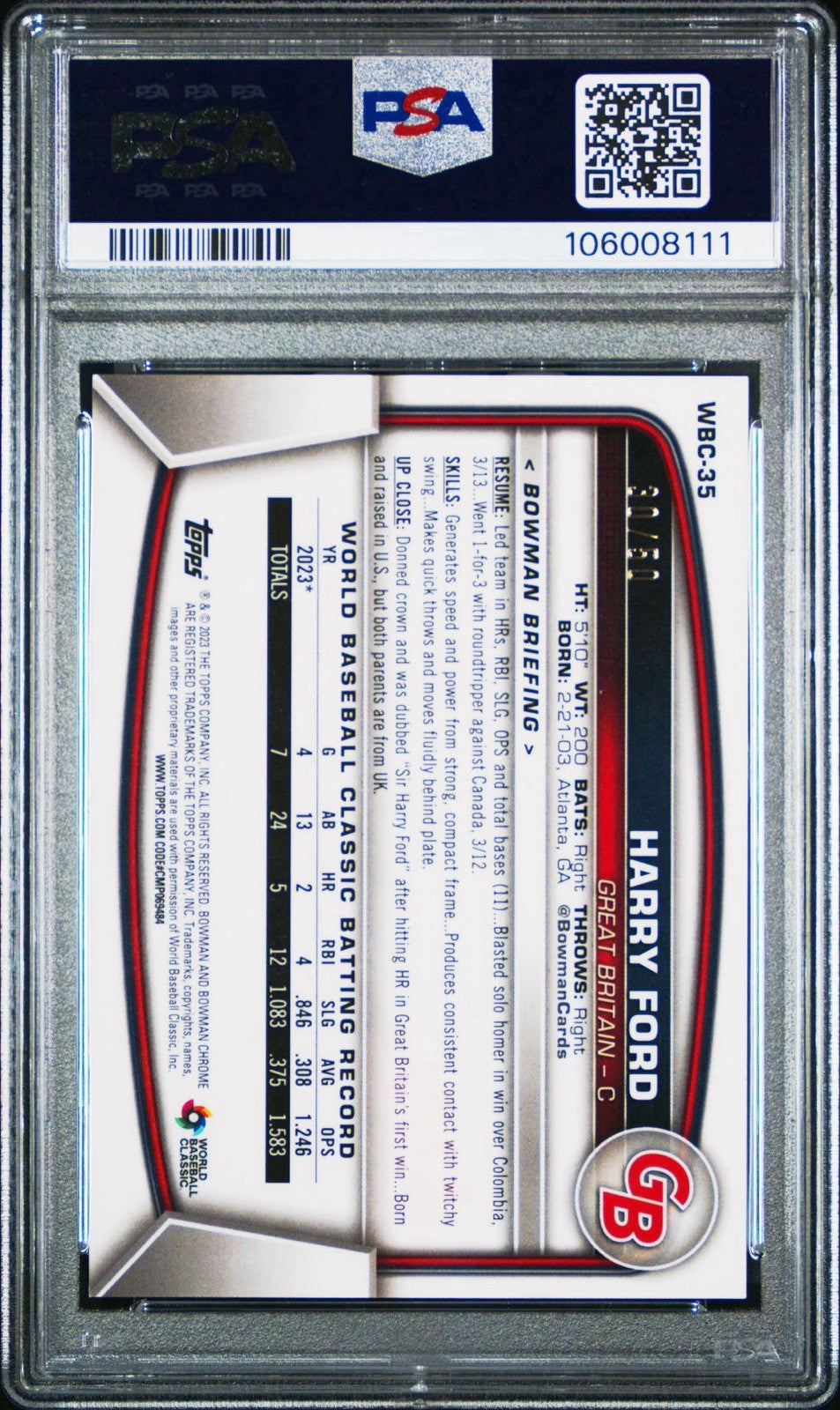 Harry Ford 2023 Bowman Chrome WBC Flag Blue Refractors Gold /50 PSA 9 Mint