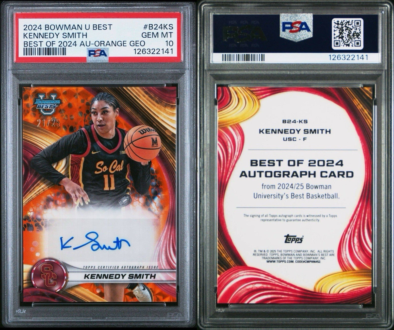 2024 Bowman Best U Kennedy Smith Orange Geo Auto #d /25 -  PSA 10 Gem