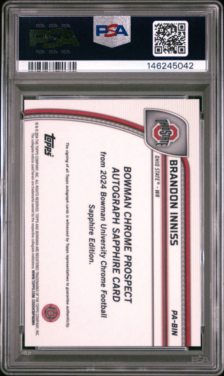 2024 Bowman Chrome U Orange Sapphire #PA-BIN Brandon Inniss AUTO /25 PSA 10 Gem