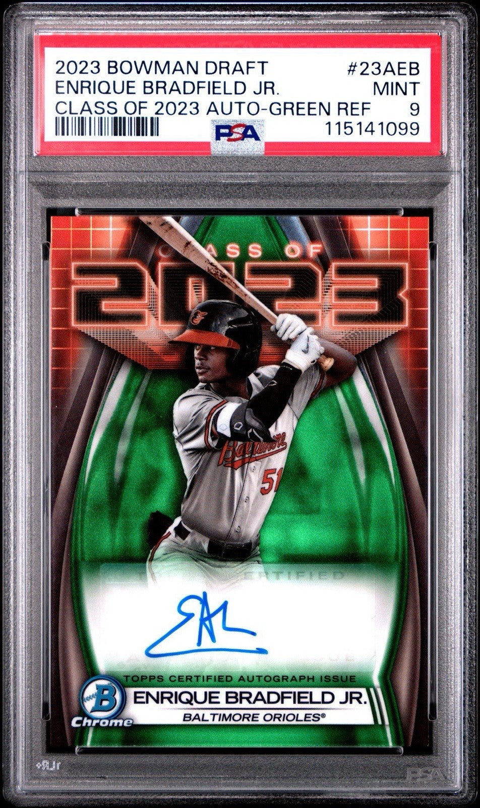 2023 Bowman Draft Enrique Bradfield Jr. Class of 23 Green Refractor Auto PSA 9