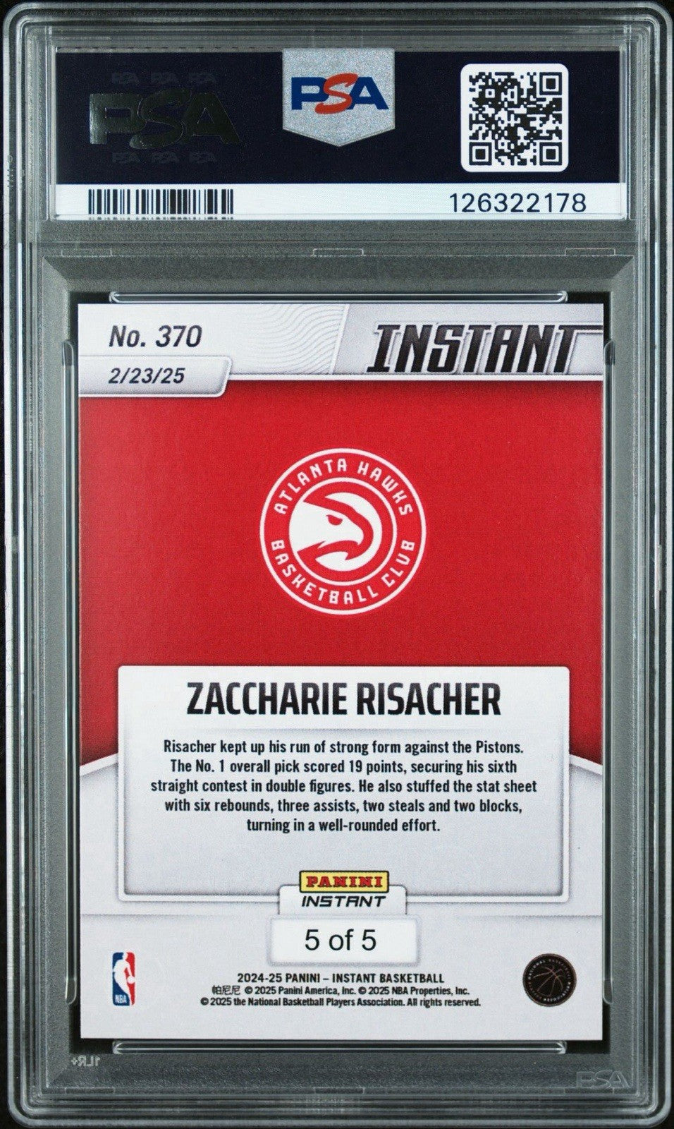 2024 PANINI INSTANT NBA #370 White Tiger - ZACCHARIE RISACHER /5 - PSA 9