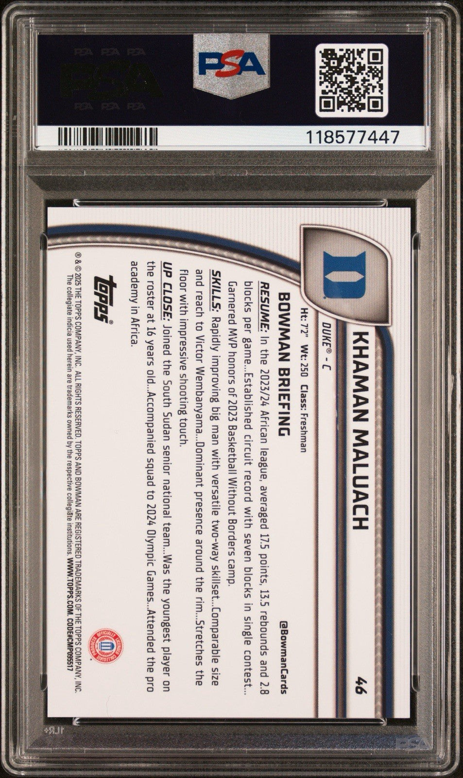 2024-25 Bowman U Chrome Sapphire Khaman Maluach Black Refractor #d /10 PSA 9