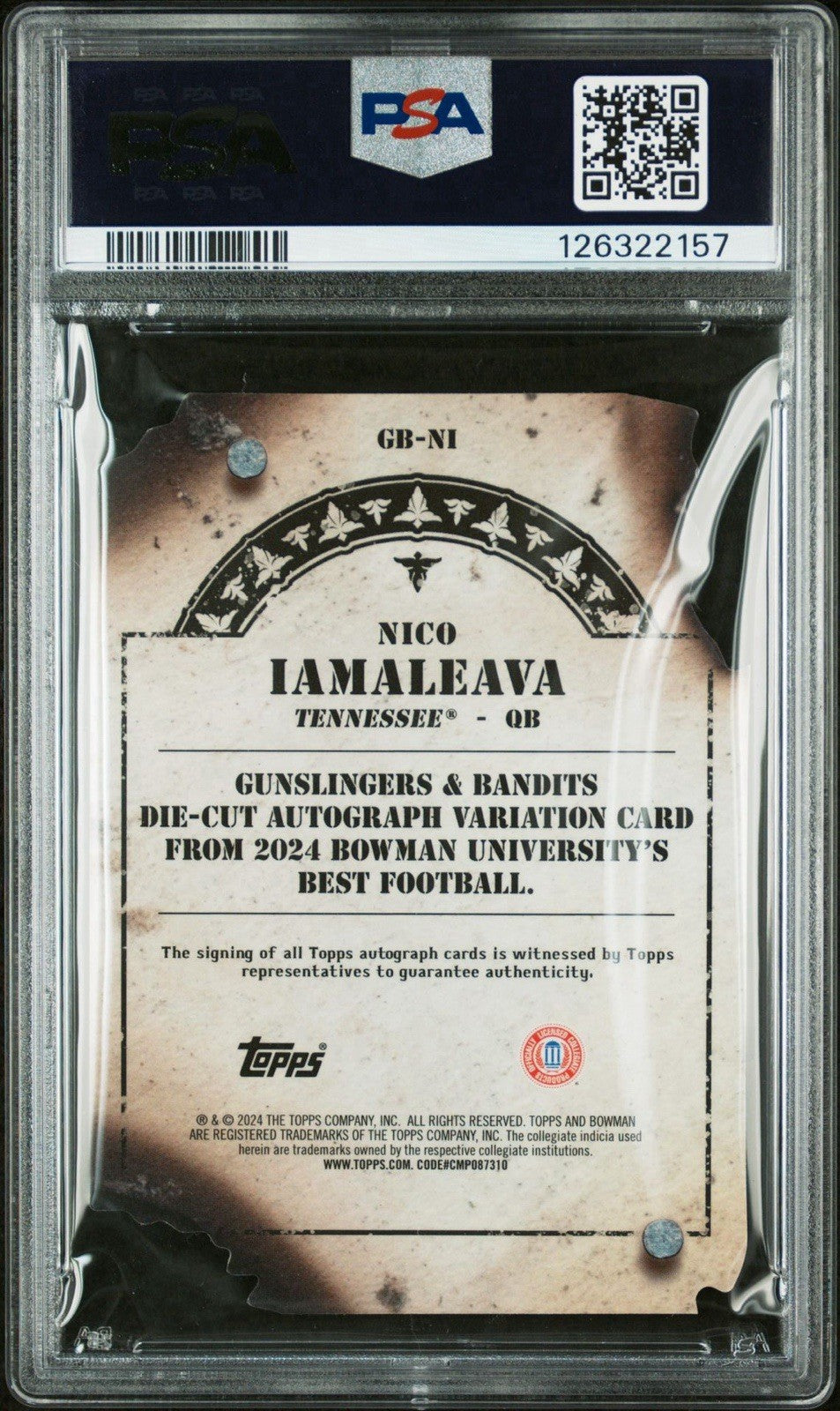 2024 Bowman's Best U Gunslingers Die-Cuts Nico Iamaleava Auto /100 PSA 10 Gem