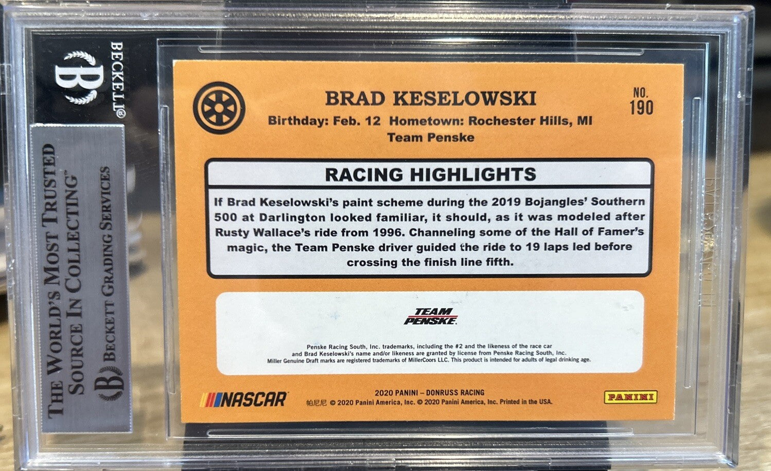 Signed Brad Keselowski 2020 Donruss Retro #190 BAS Beckett COA Slab