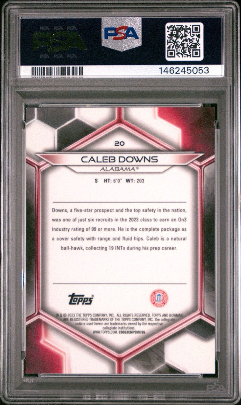 CALEB DOWNS 2023 BOWMAN U BEST #20 GOLD REFRACTOR /50 PSA 10 Gem - OHIO STATE