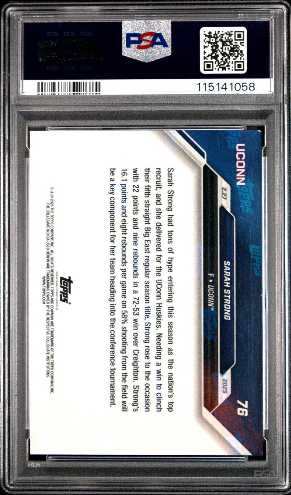 Sarah Strong 2025 Bowman U Now #76 Purple Parallel /25 - PSA 8