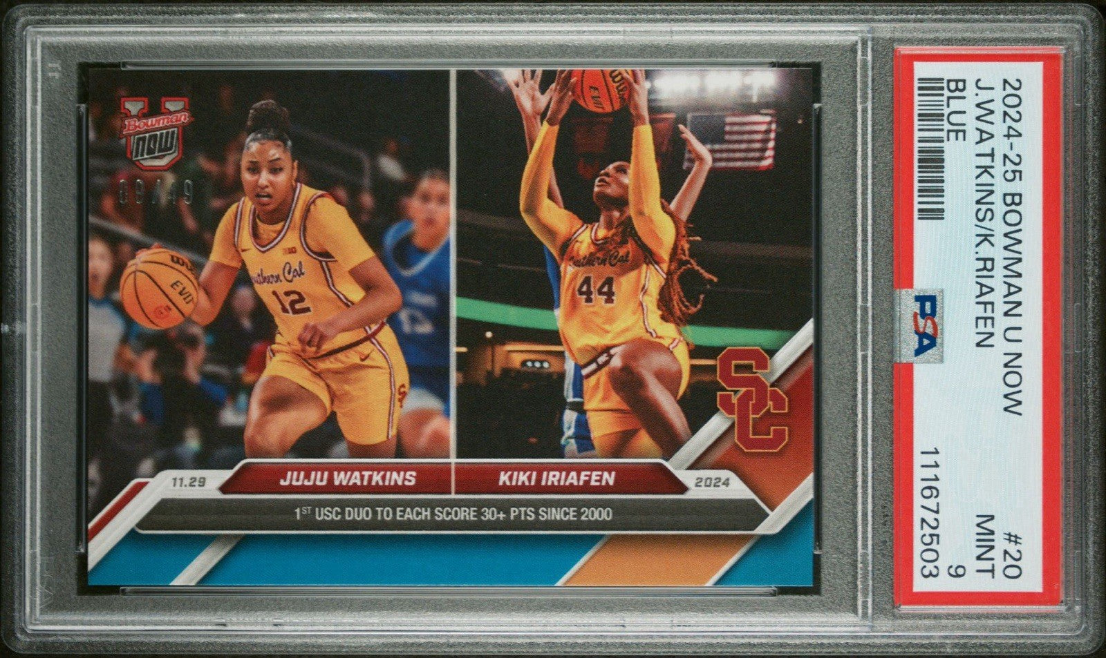 2024-25 Bowman U Now #20 Blue /49 Juju Watkins/Kiki Iriafen USC PSA 9 MT