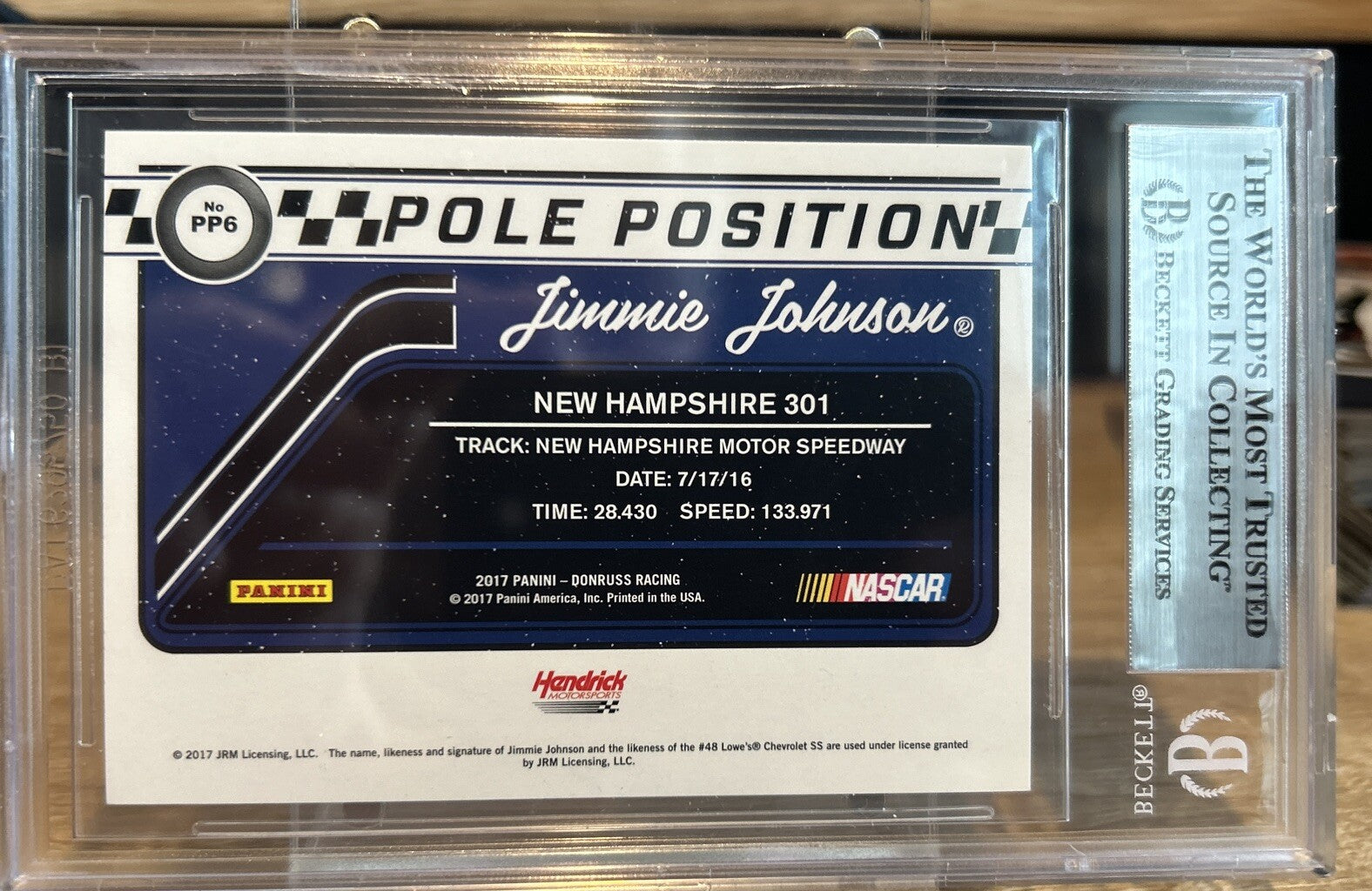 Signed 2017 DONRUSS Pole Position JIMMIE JOHNSON #PP6 AUTOGRAPH BECKETT BAS Slab