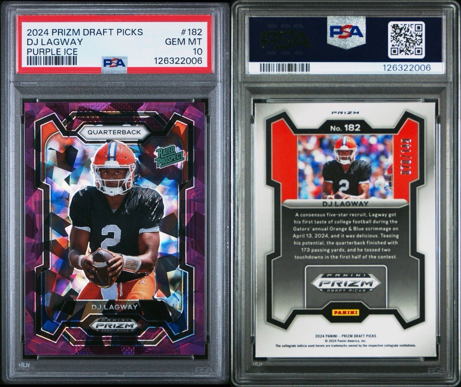 2024 PANINI PRIZM DRAFT PICKS PURPLE ICE #182 DJ LAGWAY #d /149 - PSA 10 Gem