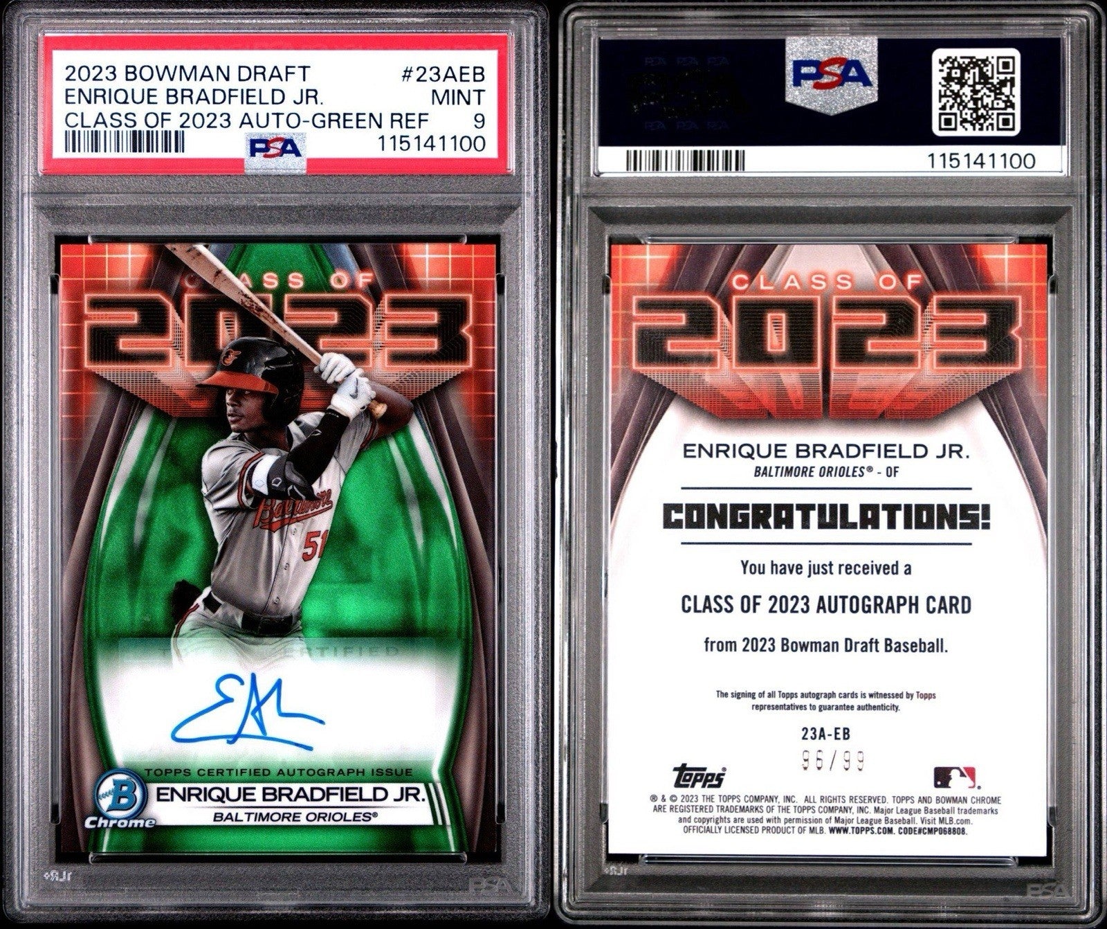 2023 Bowman Draft Enrique Bradfield Jr. Class of 23 Green Refractor Auto PSA 9