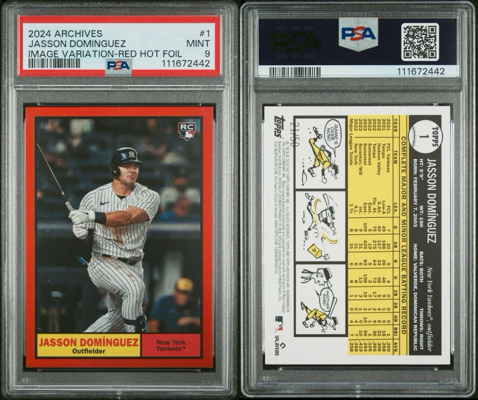 2024 Topps Archives - Jasson Dominguez #1 Image Var Red Hot Foil /50 (RC) PSA 9