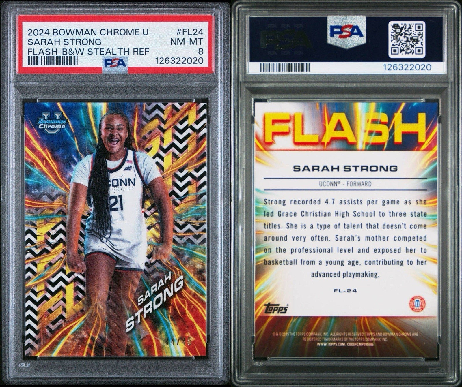 Sarah Strong 2024 Bowman Chrome U Flash #FL24 Black & White Stealth /48 PSA 8