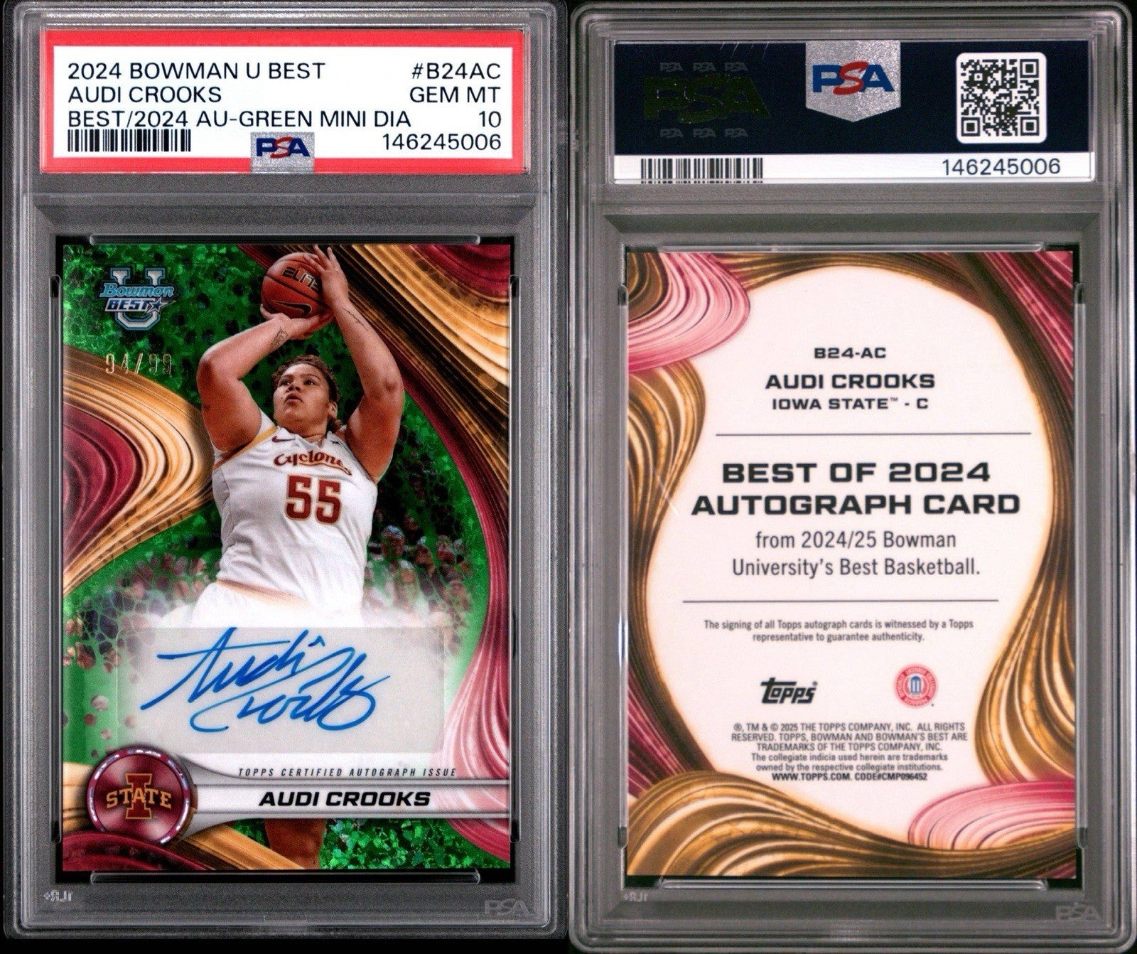 2024-25 Bowman U Best - Audi Crooks Green Mini Diamond Auto /99 - PSA 10 Gem