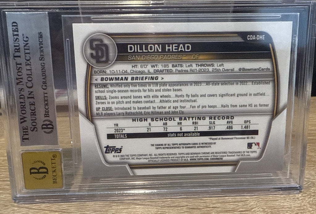 BGS 8.5 Auto 10 -2023 Bowman Draft Chrome Autograph Dillon Head 1st RC Auto