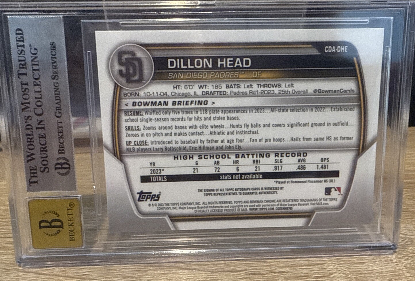 BGS 8.5 Auto 10 -2023 Bowman Draft Chrome Autograph Dillon Head 1st RC Auto