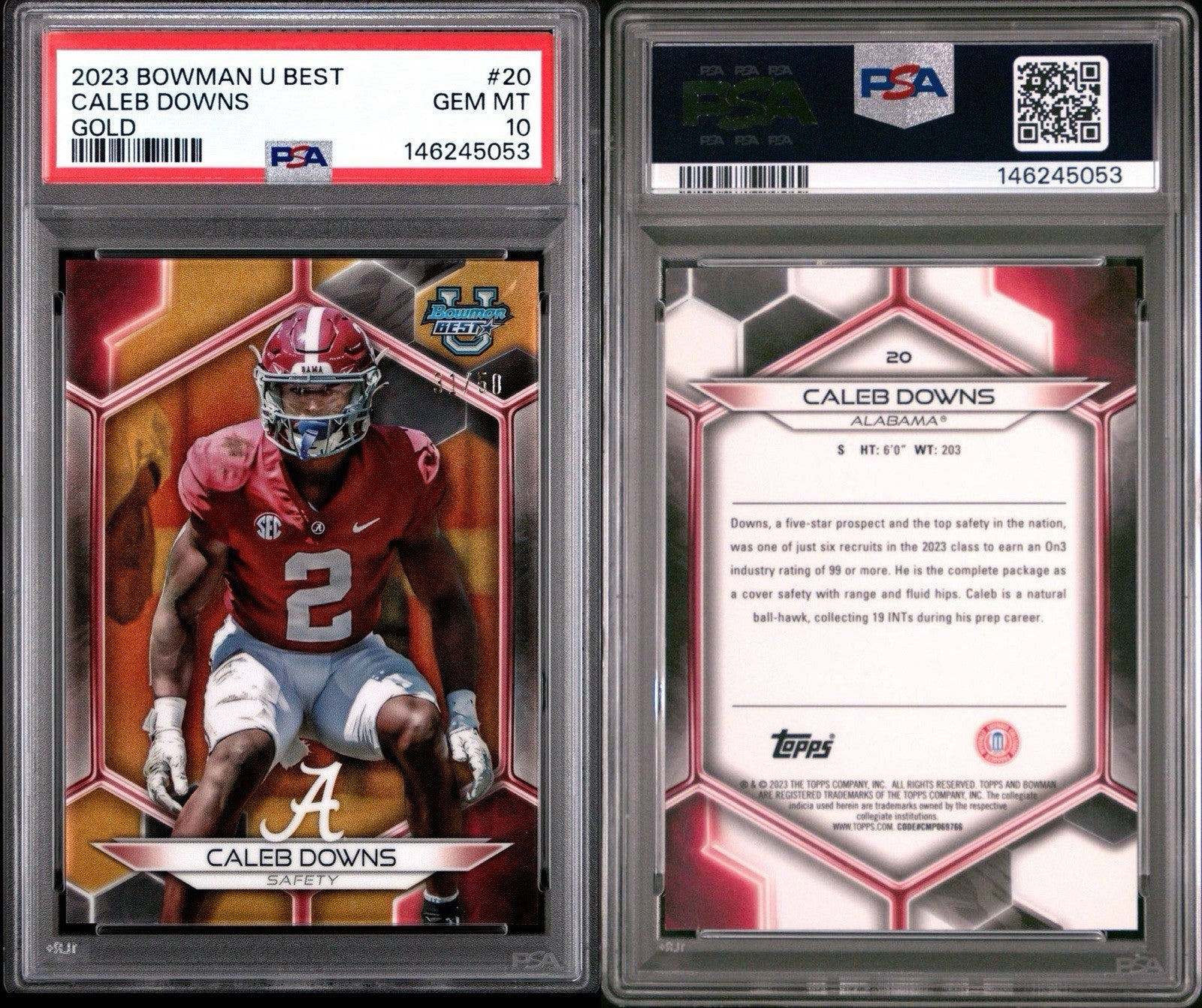 CALEB DOWNS 2023 BOWMAN U BEST #20 GOLD REFRACTOR /50 PSA 10 Gem - OHIO STATE
