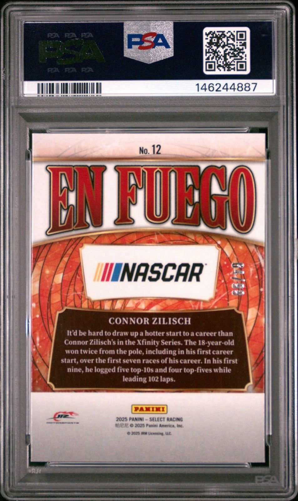 Connor Zilisch 2025 Panini Select En Fuego Red /99 - PSA 9 Mint