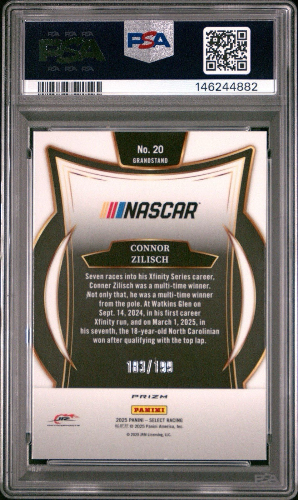 2025 Panini Select Grandstand Purple Prizm #d /199 Connor Zilisch #20 PSA 9 Mint
