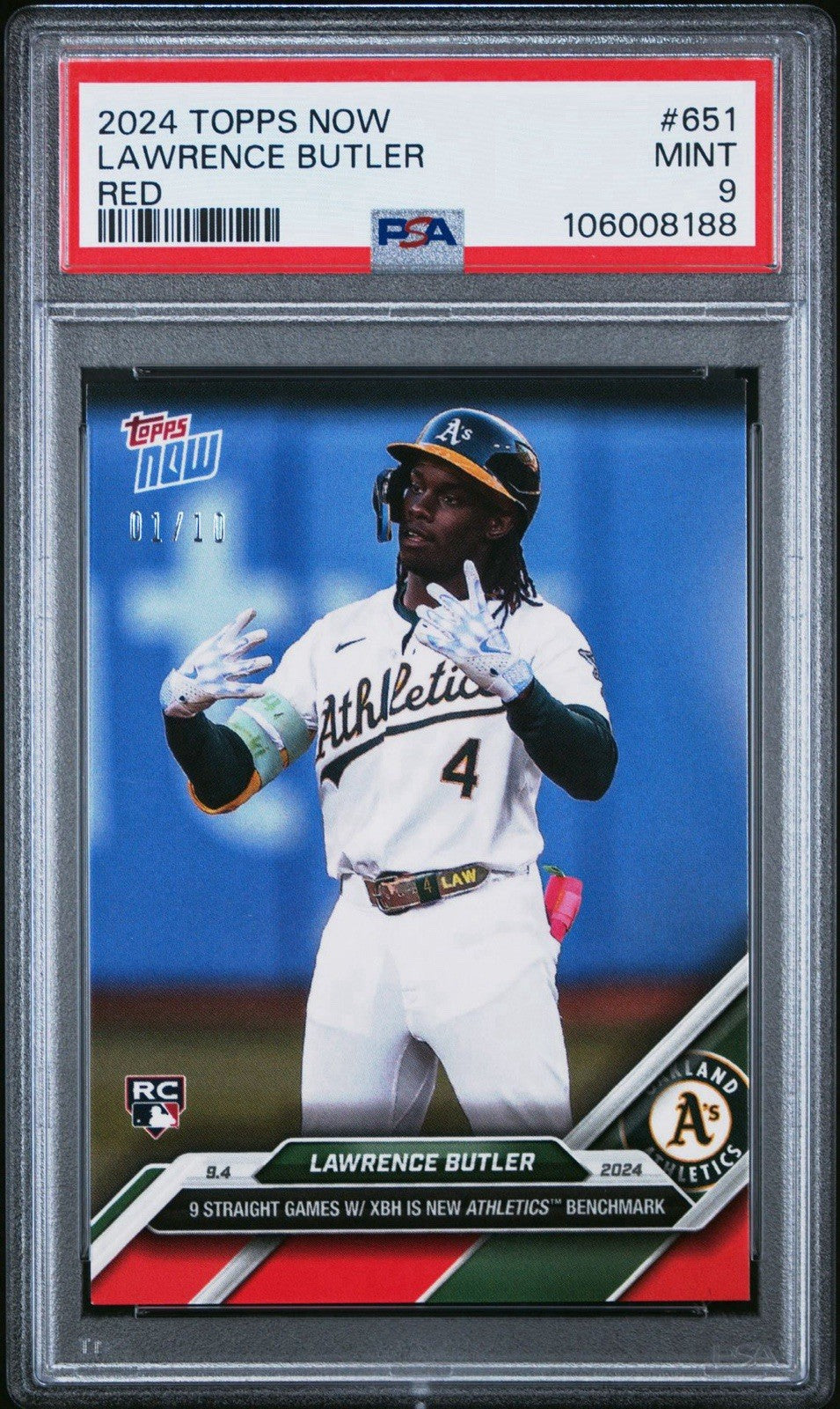 2024 Topps Now #651 Lawrence Butler Red Parallel /10 Oakland Athletics RC PSA 9