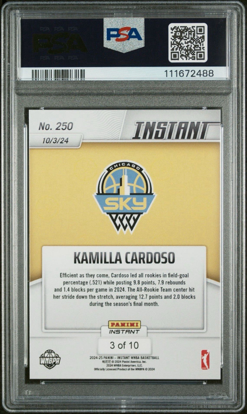 Kamilla Cardoso 2024 Panini Instant #250 Jaguar /10 - PSA 9 Mint