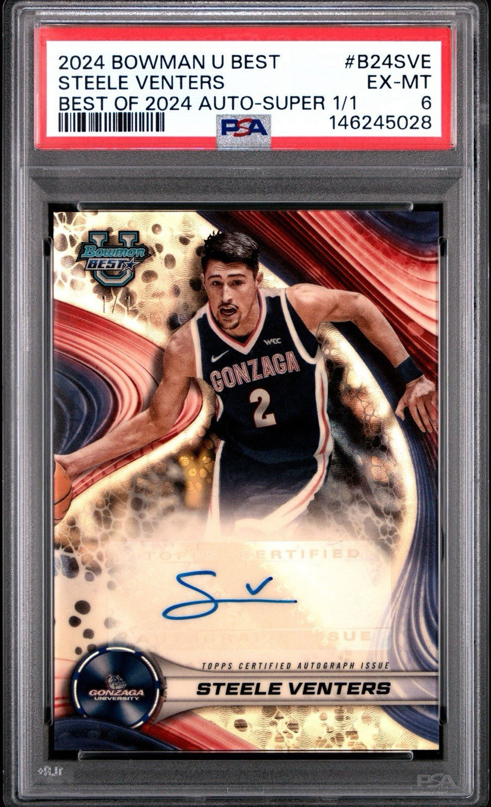 Steele Venters 2024-25 BOWMAN U BEST OF 2024 SUPERFRACTOR AUTO 1/1 PSA 6