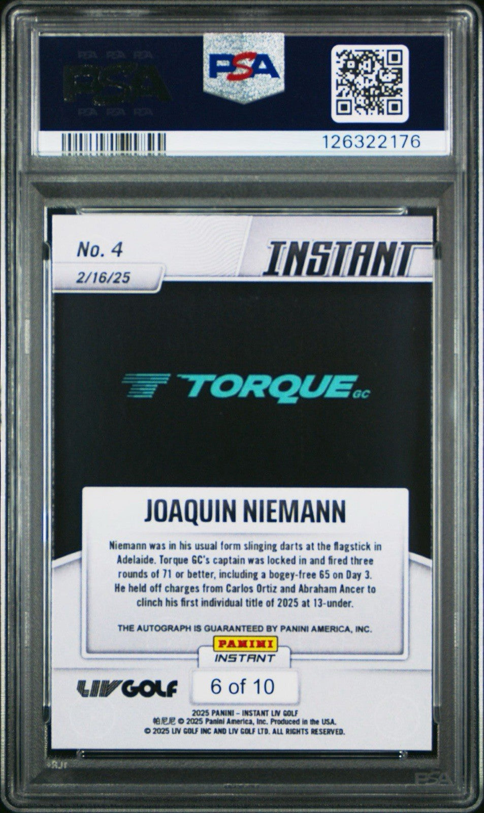 2025 PANINI INSTANT #4 LIV - Joaquin Niemann Water Auto #d /10 - PSA 10 Gem