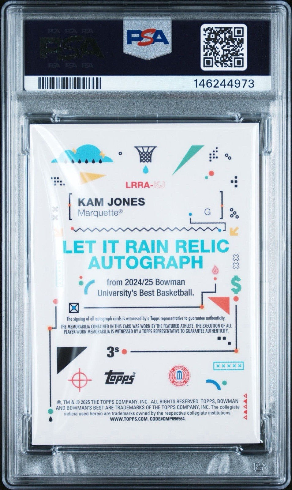 Kam Jones 2024 BOWMAN U BEST LET IT RAIN RELIC AUTO Yellow Lazer /75 - PSA 10
