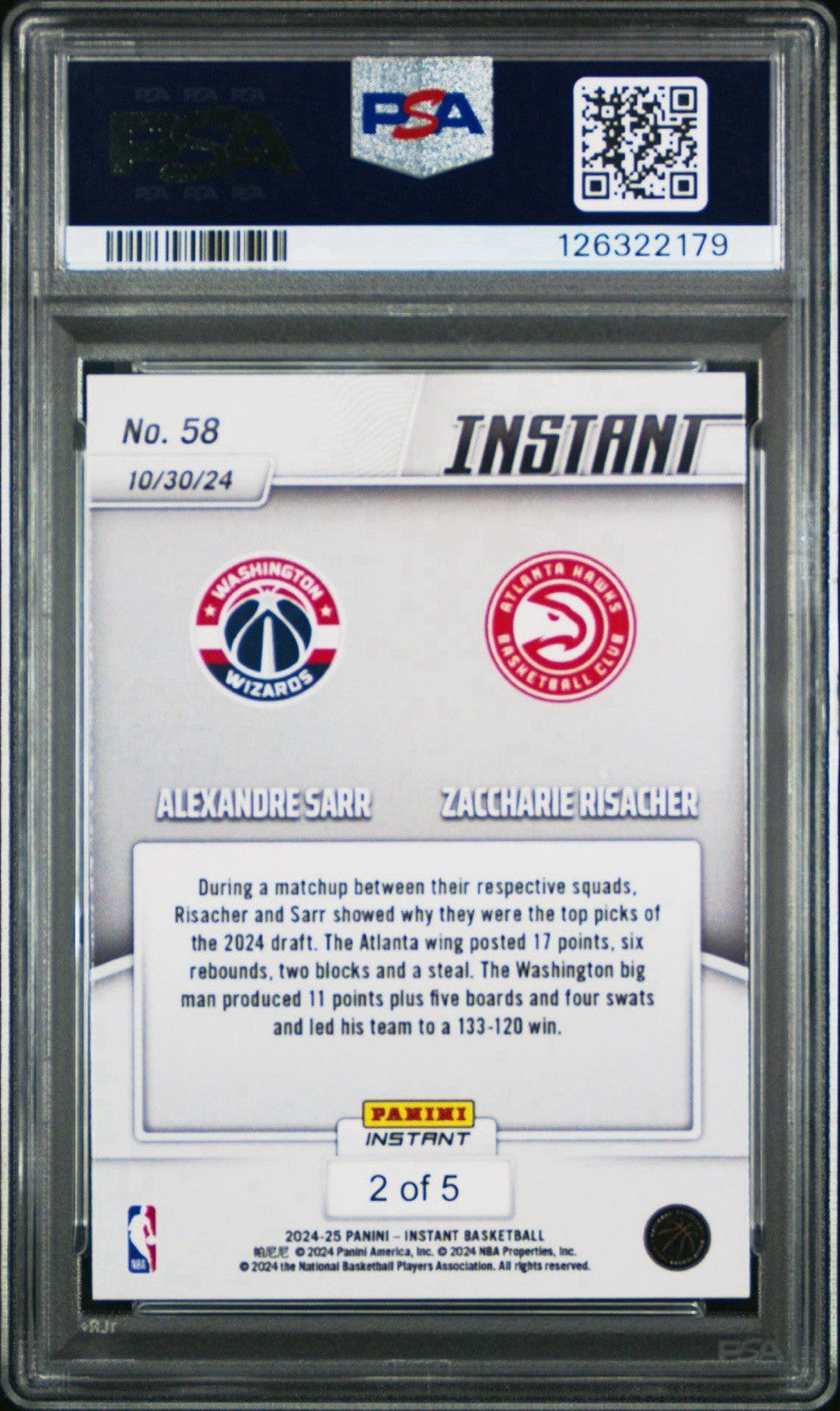 2024-25 NBA Panini Instant SARR ZACCHARIE RISACHER RC White Tiger /5 PSA 8
