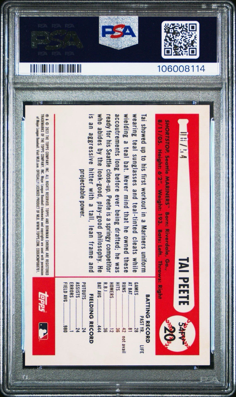 TAI PEETE - 2023 Bowman Draft 1954 FLAG VARIATION CHROME #'d /54 - PSA 9 Mint