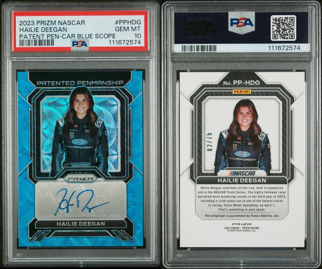 Hailie Deegan 2023 Panini Prizm Patented Penmanship Carolina Blue /75 PSA 10