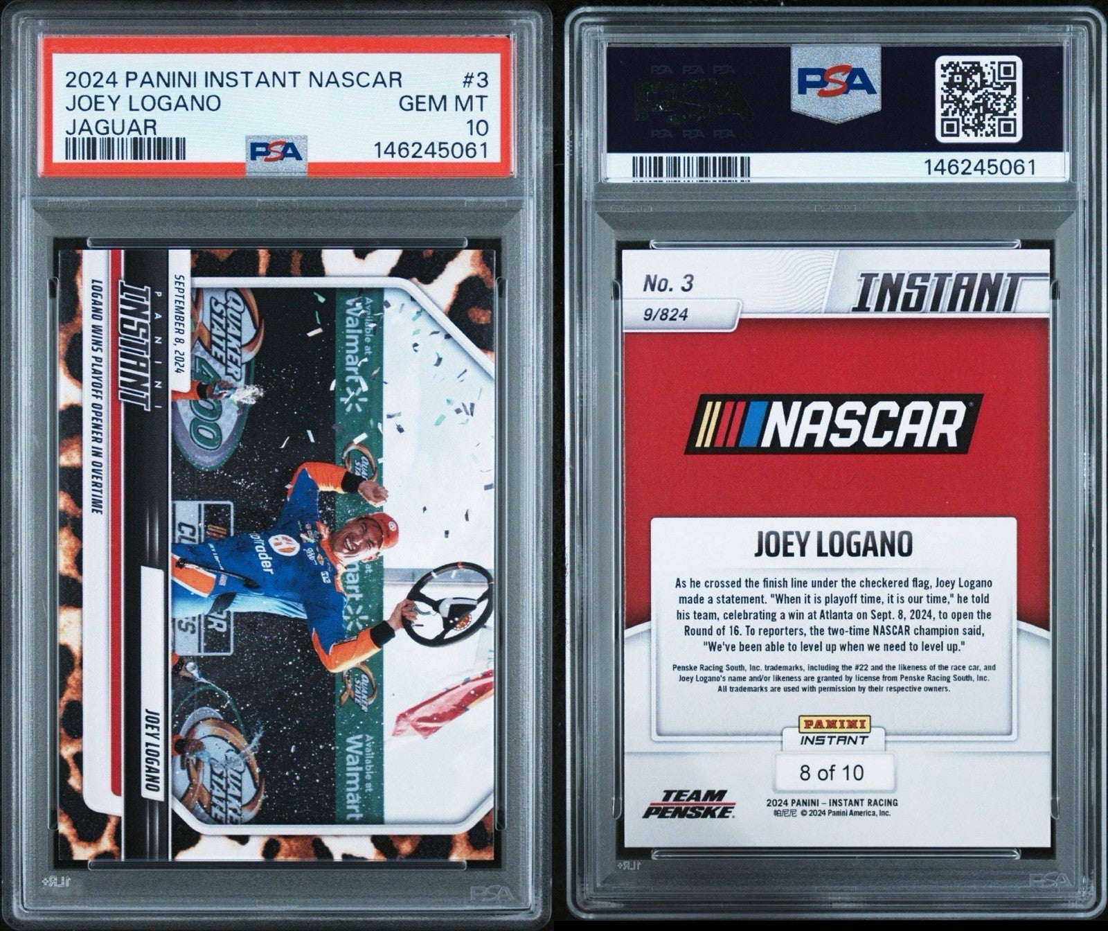 JOEY LOGANO 2024 Panini Instant Nascar 8/10 Jaguar #3 - PSA 10 Gem