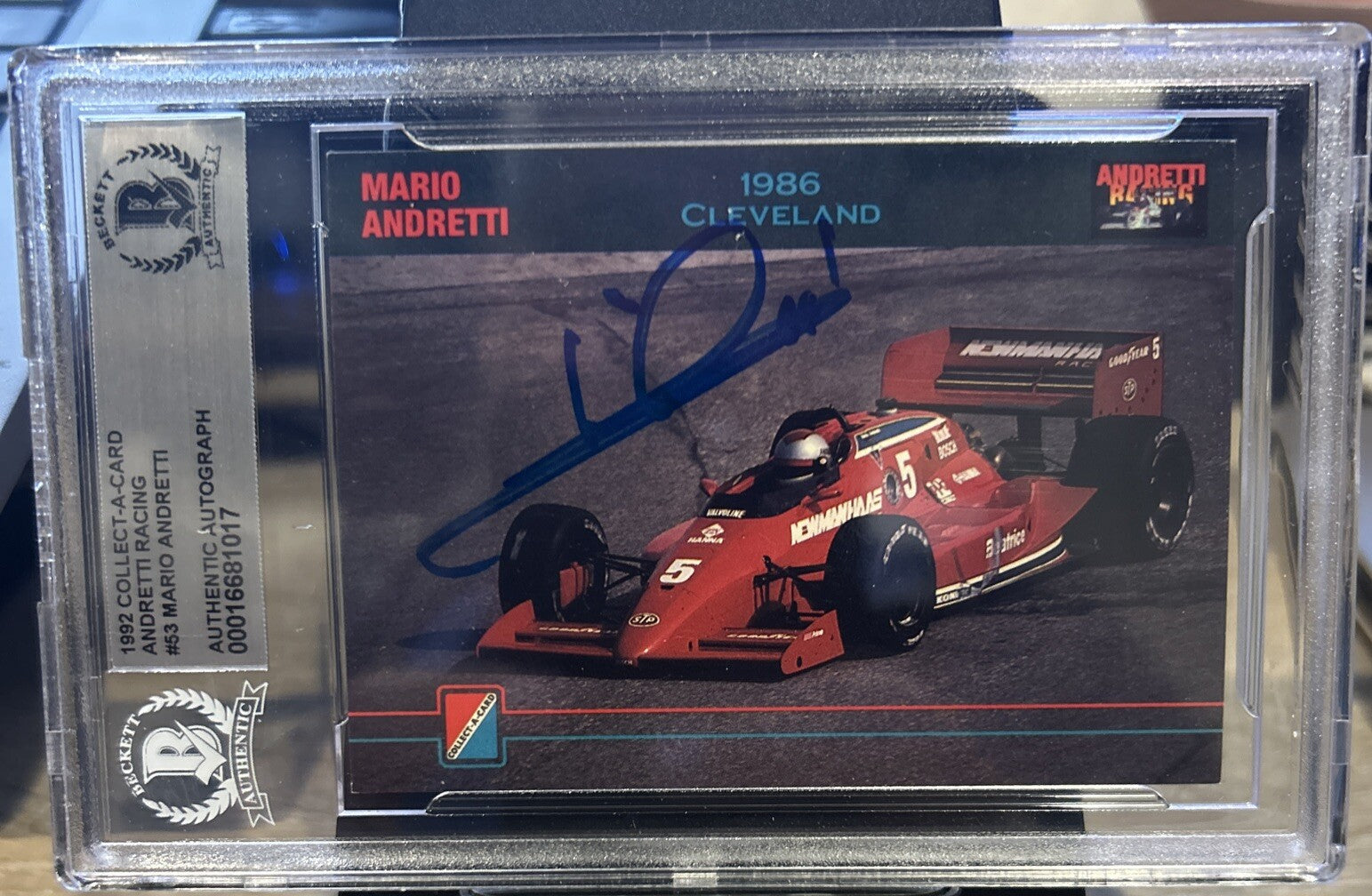 MARIO ANDRETTI Signed 1992 Collect A Card #53 Beckett BAS encased Indy Racing
