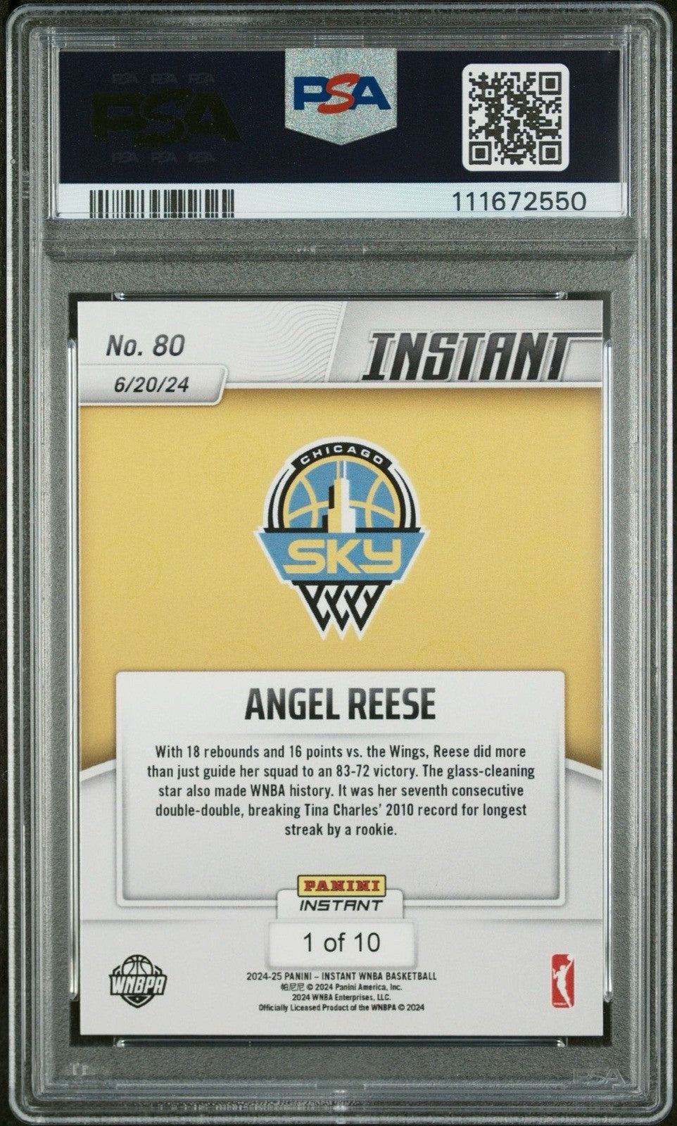 2024 Panini Instant WNBA #80 Angel Reese RC Jaguar /10 Rookie Record PSA 9