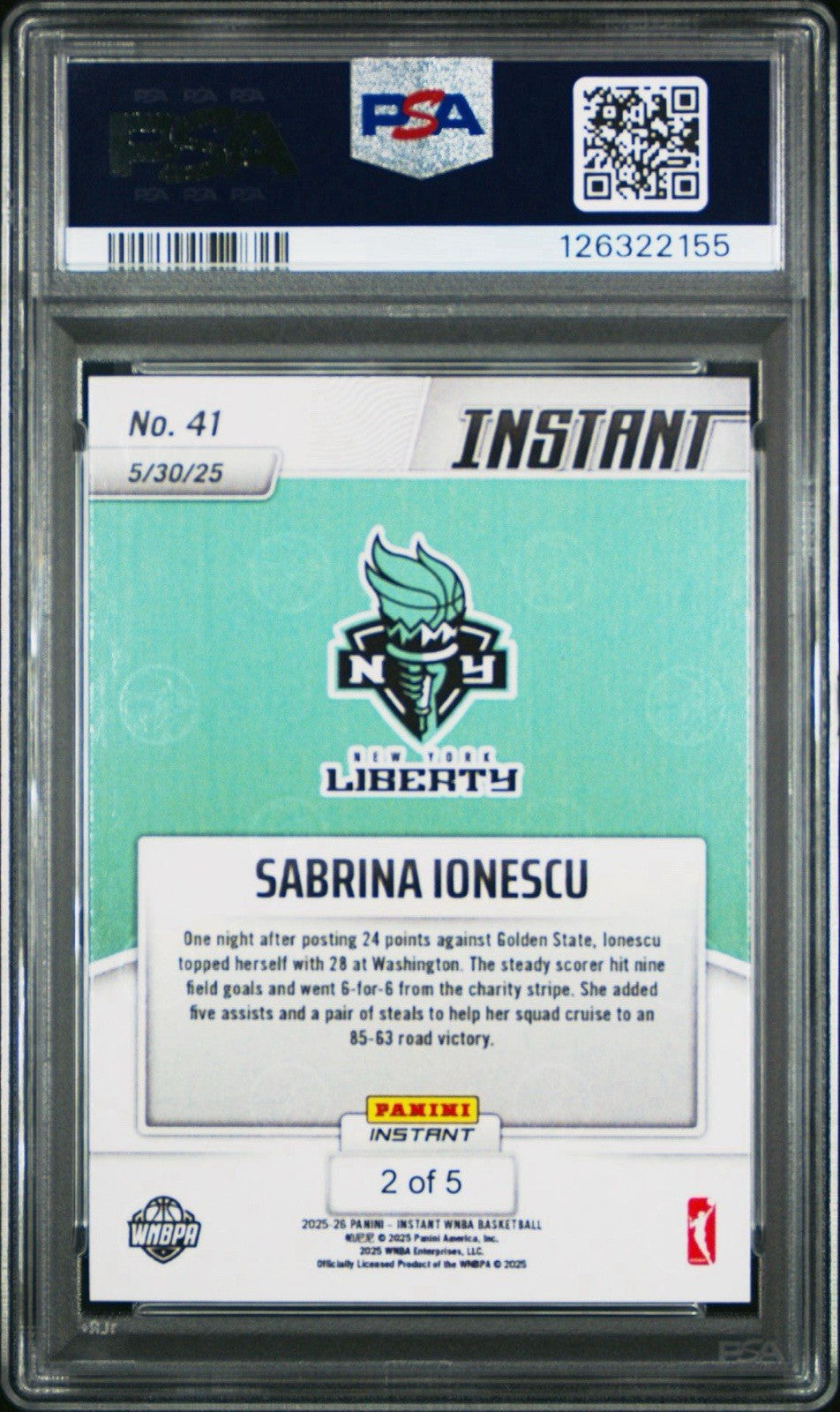 2025 PANINI INSTANT WNBA #41 SABRINA IONESCU - Lightning #d /5 - PSA 8