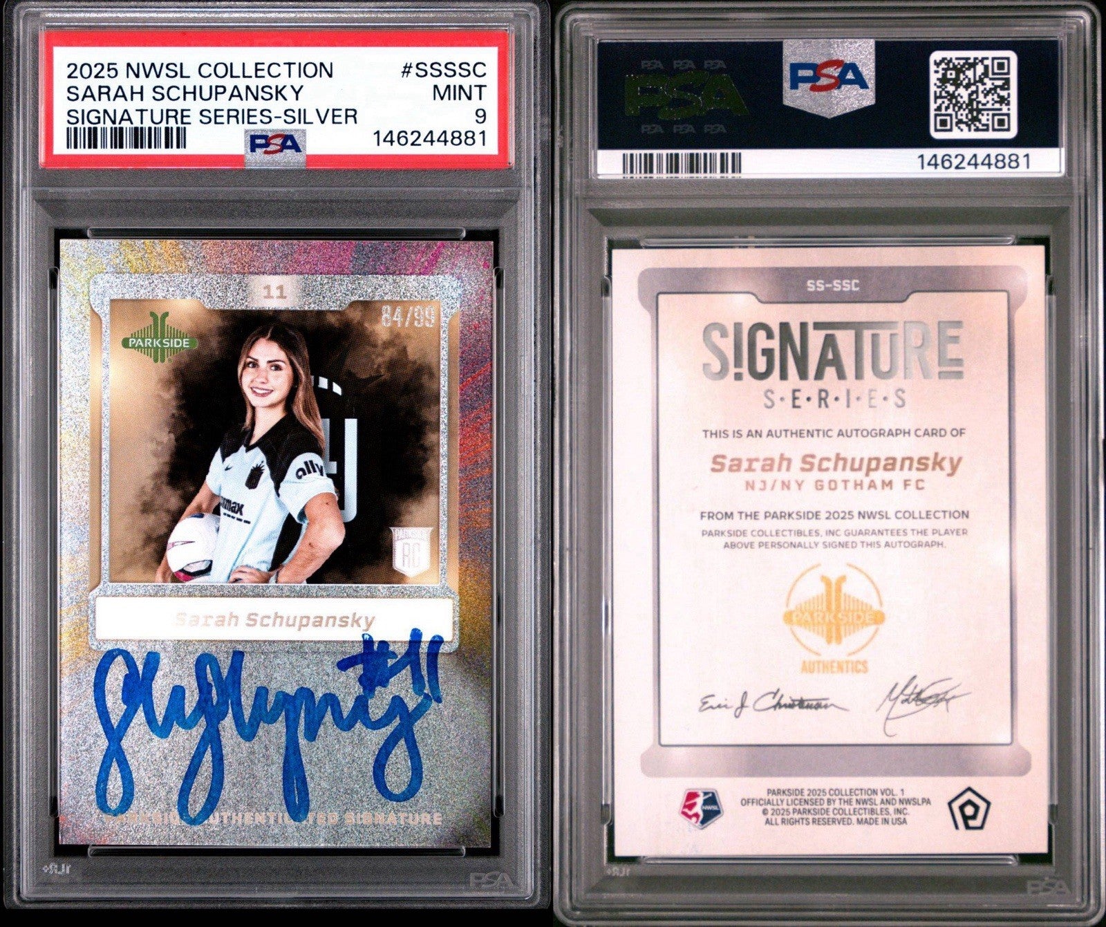 Sarah Schupansky 2025 Parkside NWSL Sig Series Rookie Auto Shimmer /99 PSA 9