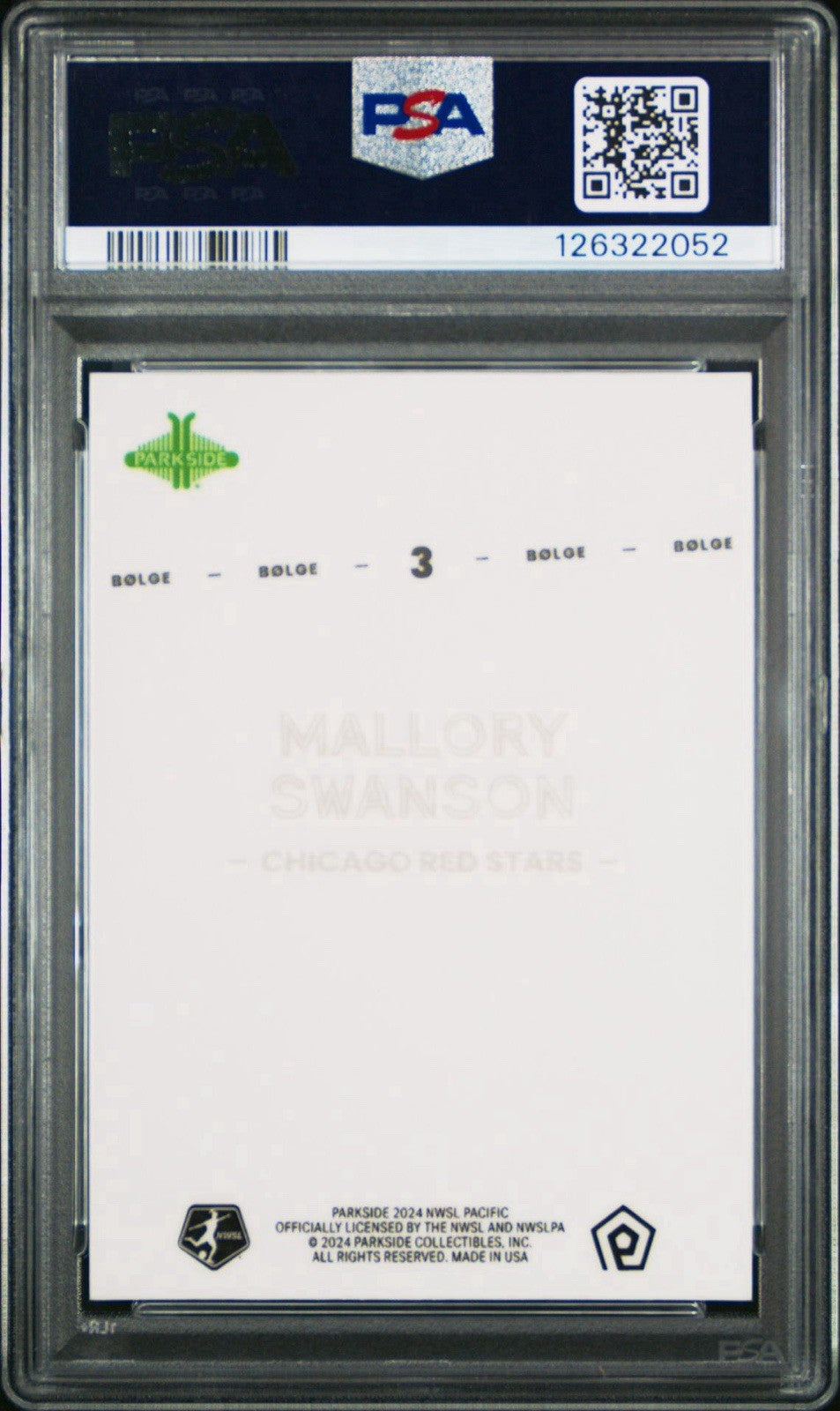 2024 Parkside NWSL Pacific Bolge #3 Mallory Swanson #d /50 - PSA 7
