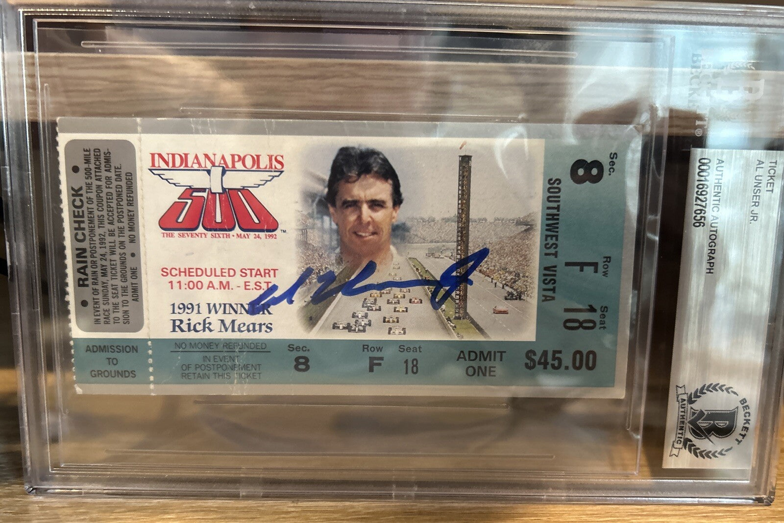 Al Unser Jr. signed 1992 Indy 500 Ticket Stub Race winner Beckett BAS Slab