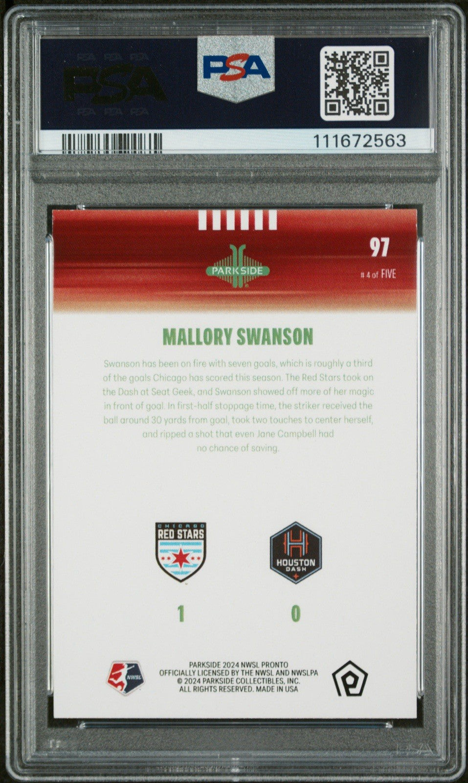 2024 Parkside NWSL Pronto MALLORY SWANSON Ruby 4/5 Magic Mal #97 PSA 9