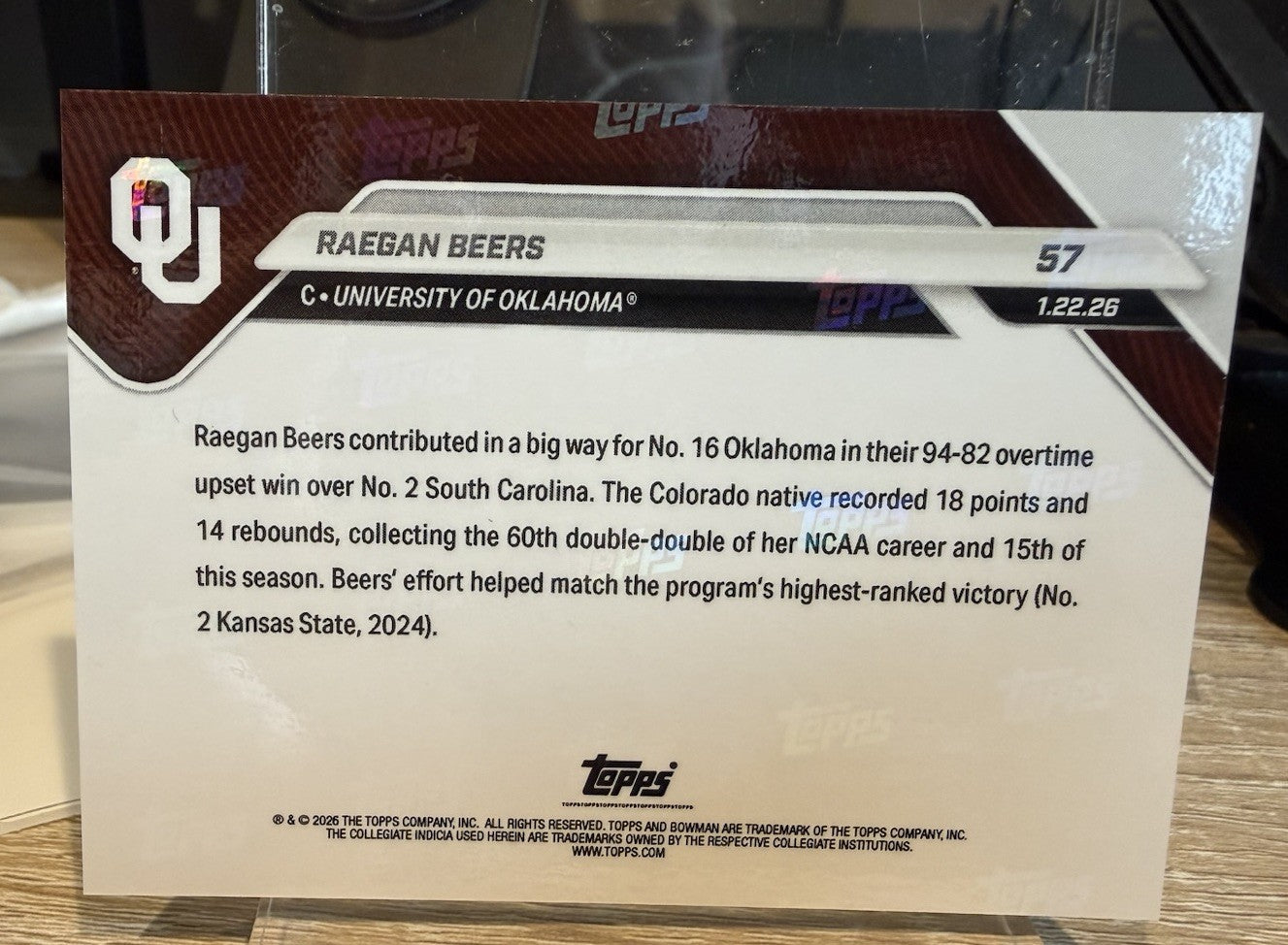 Raegan Beers ROOKIE 2025 Bowman U NOW #57 Gold Foil Oklahoma Sooners #d /50