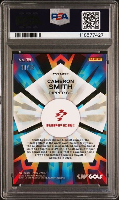 2024 PANINI PRIZM LIV GOLF KALEIDOSCOPIC GREEN PRIZM CAMERON SMITH #d /18 PSA 10