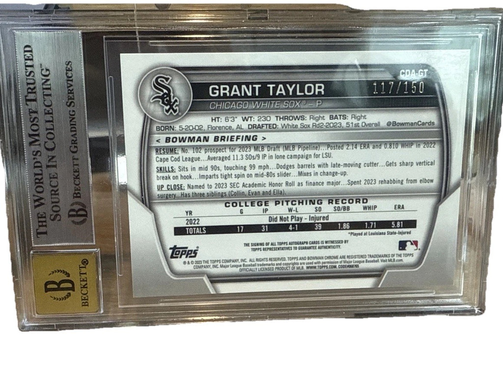Grant Taylor 1st Bowman Auto Blue Refractor /150 BGS 9 Auto 10 #CDA-GT