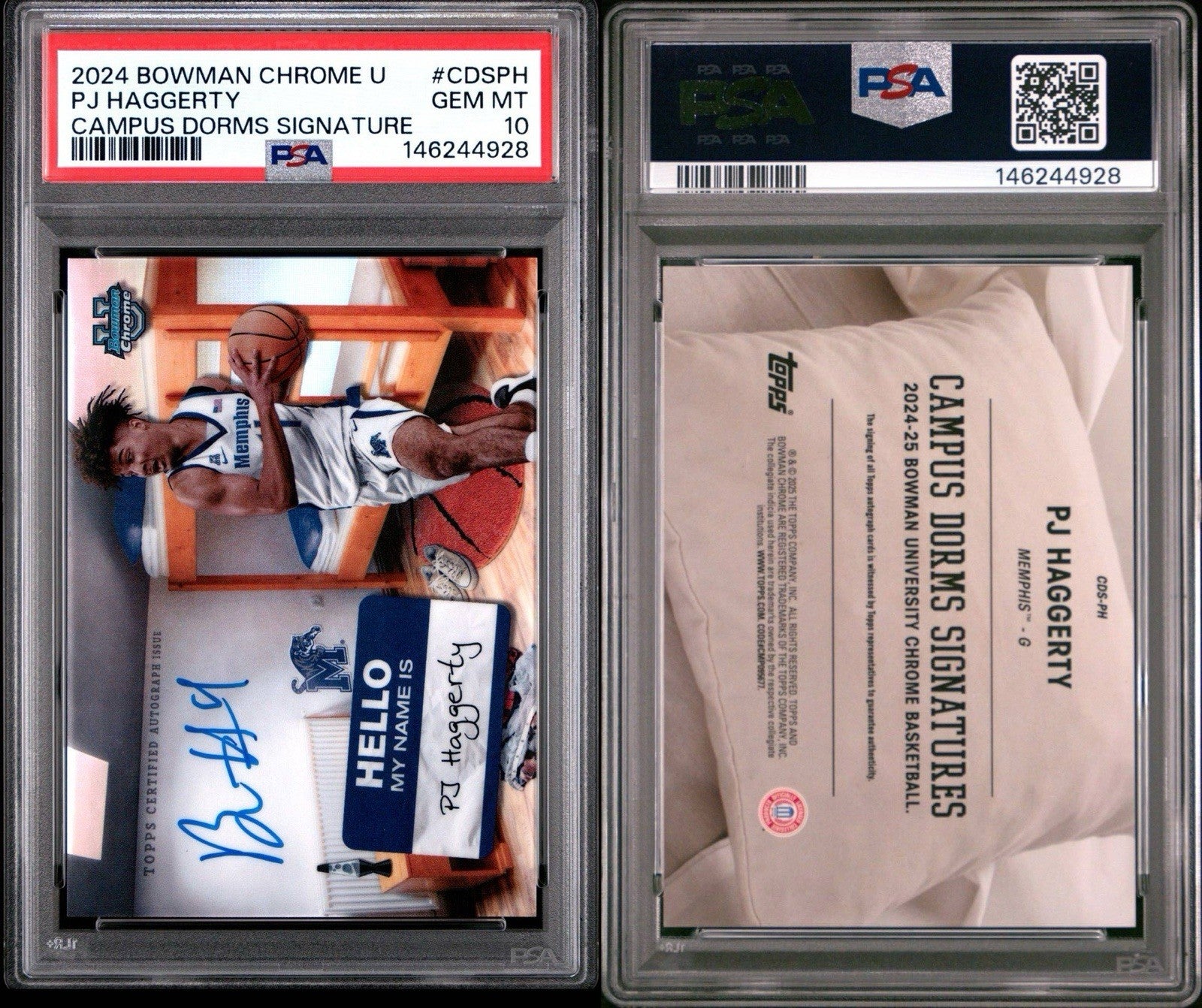 2024-25 Bowman Chrome U #CDS-PH PJ Haggerty Campus Dorms Sig Auto PSA 10 Gem