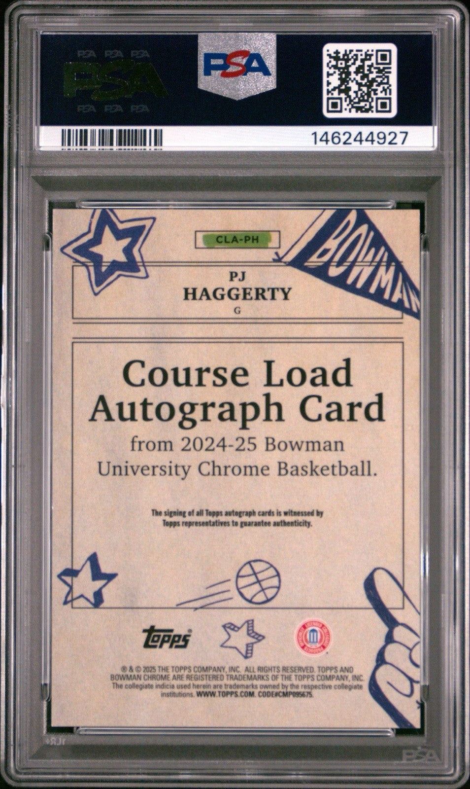 2024-25 Bowman Chrome U #CLA-PH PJ Haggerty Course Load On Card Auto PSA 10 Gem