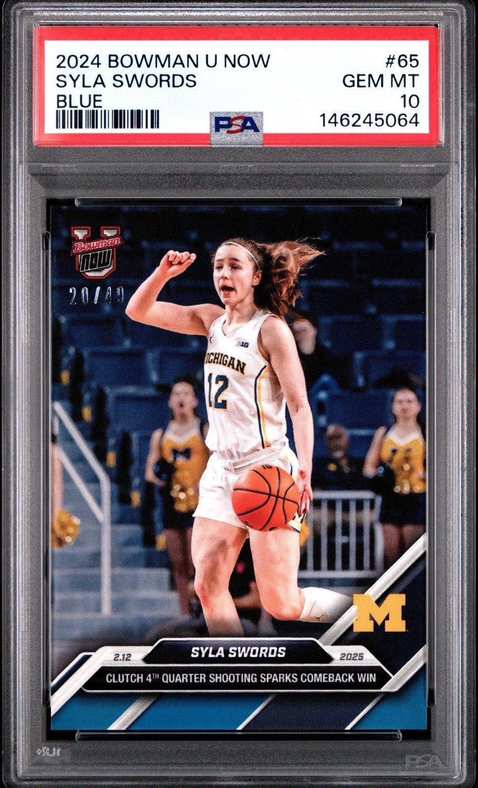 Syla Swords 2024 Bowman U Now #65 BLUE PARALLEL #d /49 Michigan PSA 10 Gem