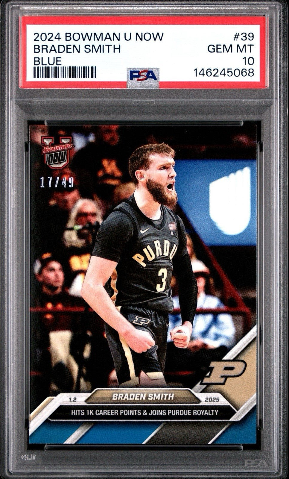Braden Smith 2024 Bowman U Now #39 BLUE PARALLEL #d /49 Purdue PSA 10 Gem