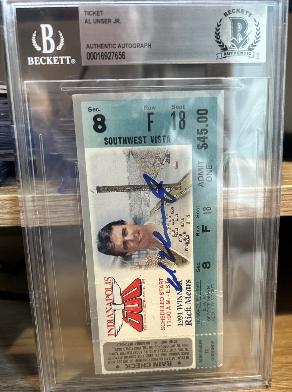 Al Unser Jr. signed 1992 Indy 500 Ticket Stub Race winner Beckett BAS Slab