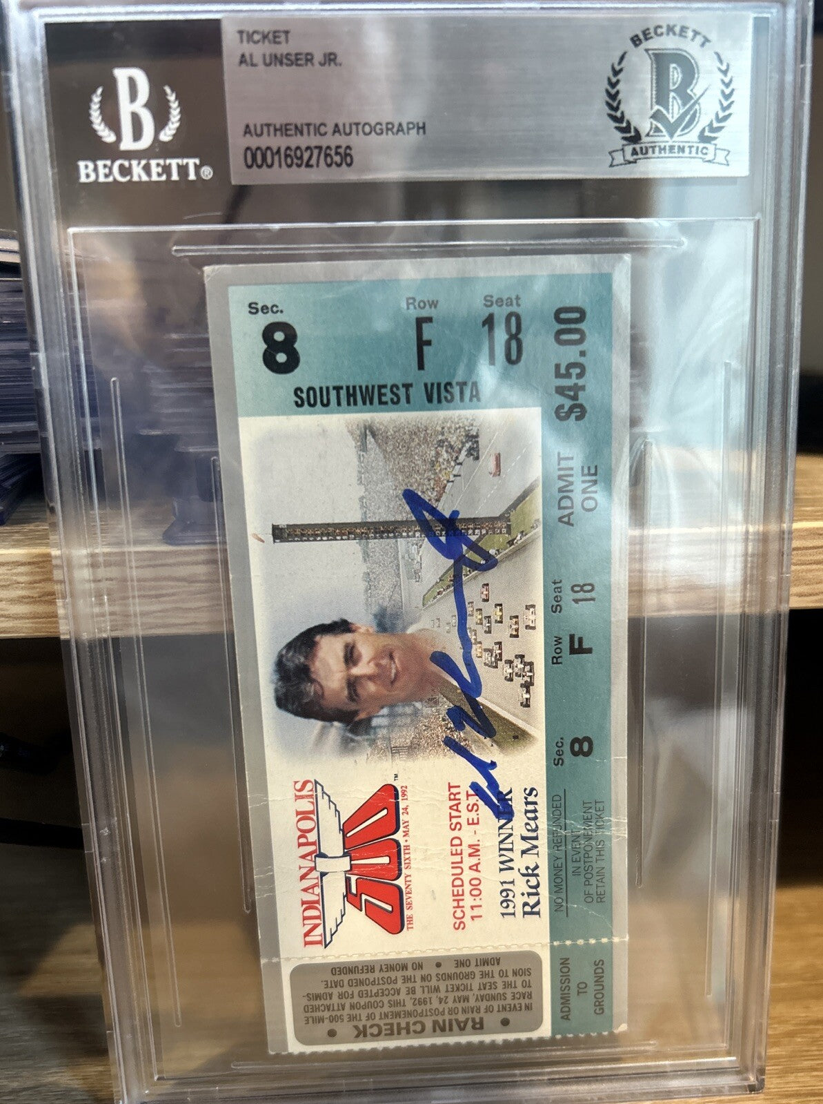 Al Unser Jr. signed 1992 Indy 500 Ticket Stub Race winner Beckett BAS Slab