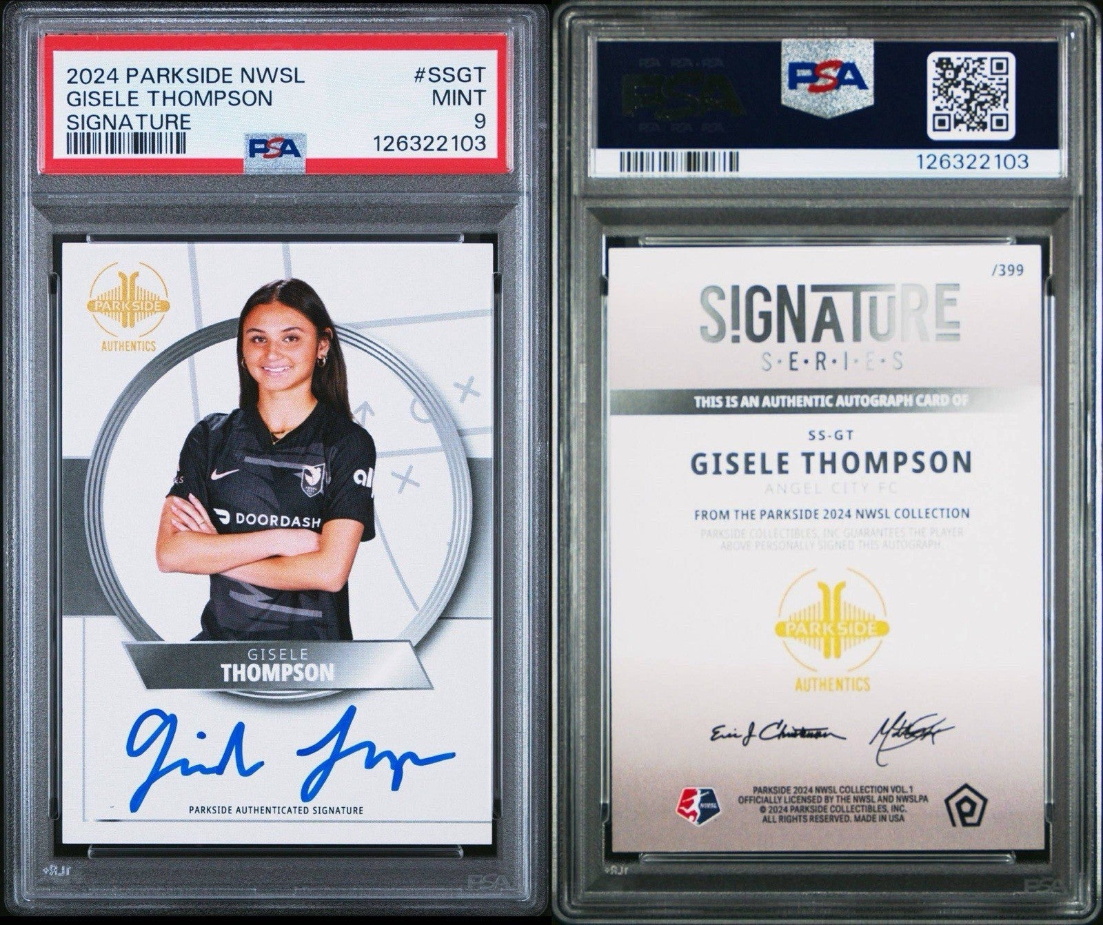 2024 Parkside NWSL Vol 1 Gisele Thompson Rookie RC AUTO /399 - PSA 9