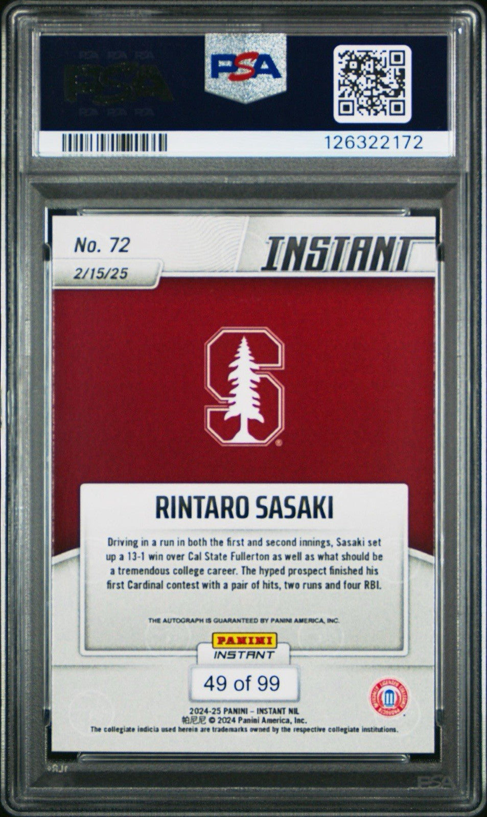 Rintaro Sasaki 2025 Panini Instant College Baseball Limited /99 Auto - PSA 9